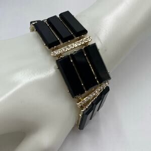 J. CREW Black Triple Row Lucite Rhinestone Brass Statement Bracelet‎